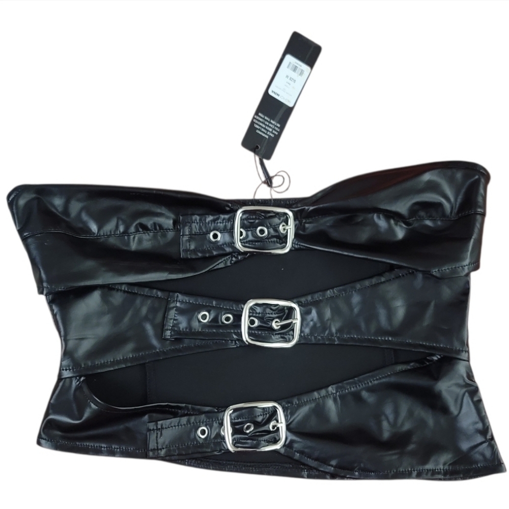 Fashion Nova Faux Leather Strapless Top Black NWT